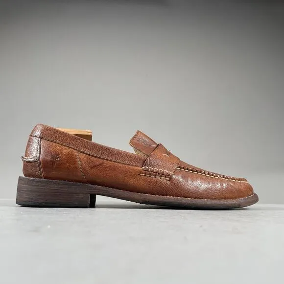Frye Men’s Size 8 D Slip On Brown Pebbled Leather Penny Loafers Dress Shoes EUC