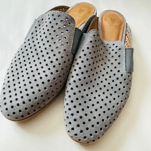 Frye Womens Grey Suede Leather Perforated Slides Mule Shoes Size 9