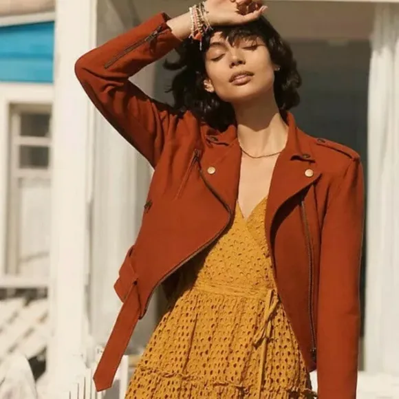 FRYE x Anthropologie Cropped Vita Cotton Moto Jacket in Burnt Cedar Size XS
