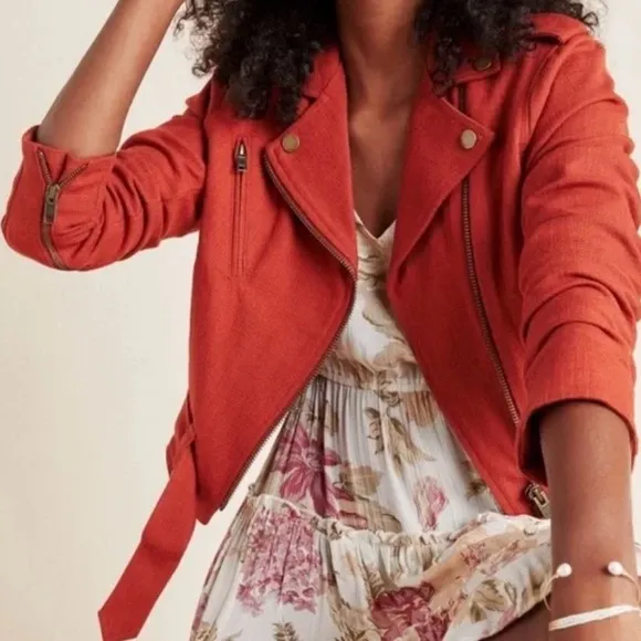 FRYE x Anthropologie Cropped Vita Cotton Moto Jacket in Burnt Cedar Size XS