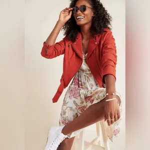 FRYE x Anthropologie Cropped Vita Cotton Moto Jacket in Burnt Cedar Size XS