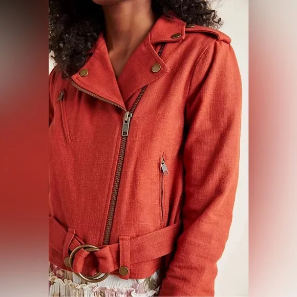 FRYE x Anthropologie Cropped Vita Cotton Moto Jacket in Burnt Cedar Size XS