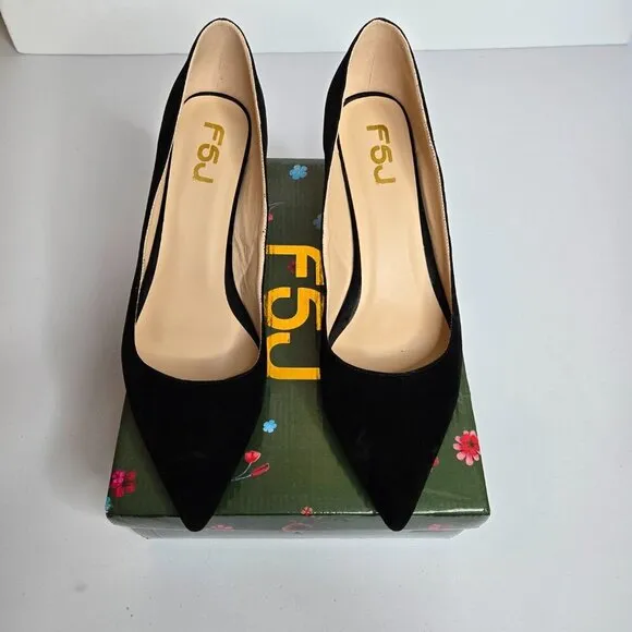 FSJ Black Vegan Faux Suede Pumps Heels Shoes Sz 12