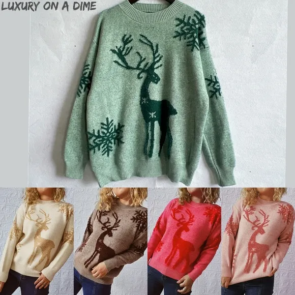 Fuzzy Reindeer Snowflake Knit Round Neck Shirt Winter Soft Print Sweater Top
