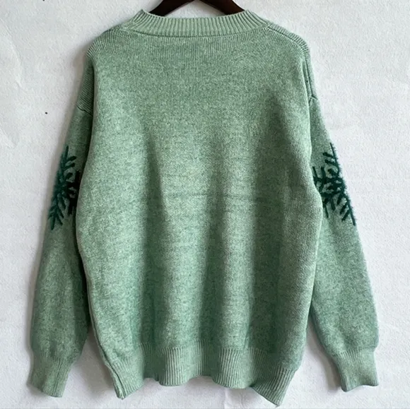 Fuzzy Reindeer Snowflake Knit Round Neck Shirt Winter Soft Print Sweater Top