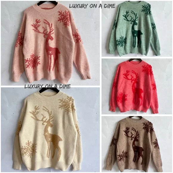 Fuzzy Reindeer Snowflake Knit Round Neck Shirt Winter Soft Print Sweater Top