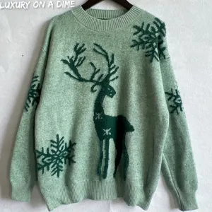 Fuzzy Reindeer Snowflake Knit Round Neck Shirt Winter Soft Print Sweater Top