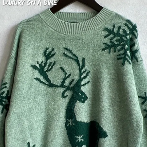 Fuzzy Reindeer Snowflake Knit Round Neck Shirt Winter Soft Print Sweater Top