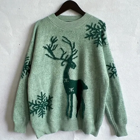 Fuzzy Reindeer Snowflake Knit Round Neck Shirt Winter Soft Print Sweater Top