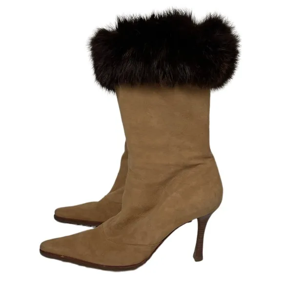 Genuine Fur Cuffed Heeled Boots Tan Beige Suede Leather Brown Fur Trim Size 7