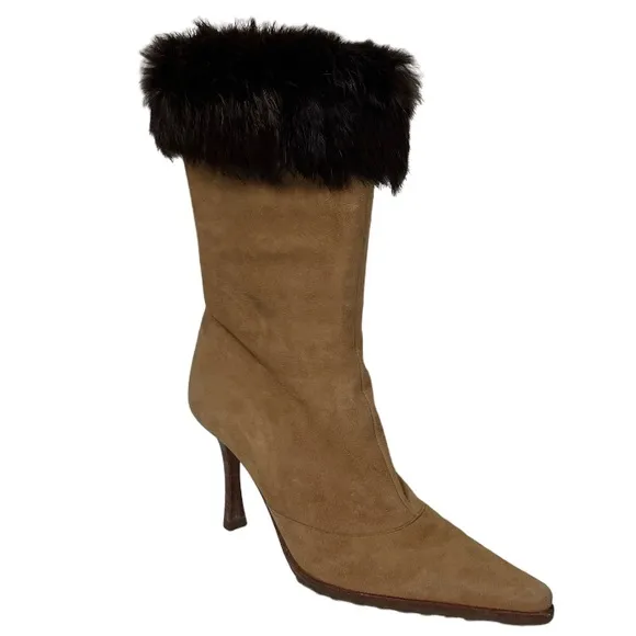 Genuine Fur Cuffed Heeled Boots Tan Beige Suede Leather Brown Fur Trim Size 7