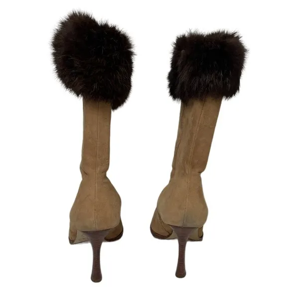 Genuine Fur Cuffed Heeled Boots Tan Beige Suede Leather Brown Fur Trim Size 7