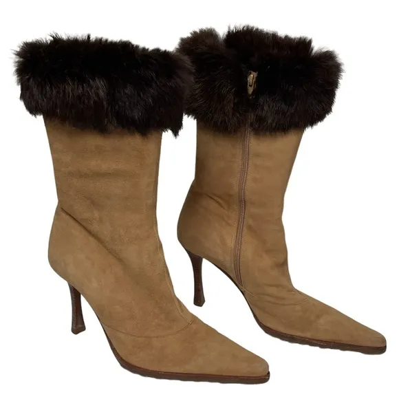Genuine Fur Cuffed Heeled Boots Tan Beige Suede Leather Brown Fur Trim Size 7
