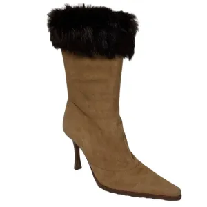 Genuine Fur Cuffed Heeled Boots Tan Beige Suede Leather Brown Fur Trim Size 7