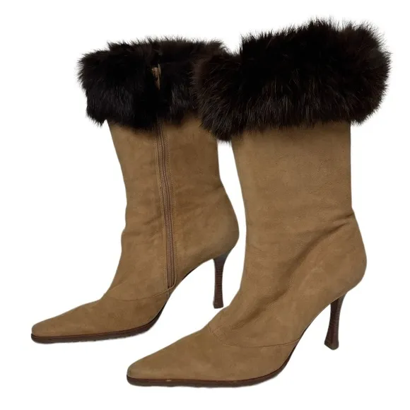 Genuine Fur Cuffed Heeled Boots Tan Beige Suede Leather Brown Fur Trim Size 7