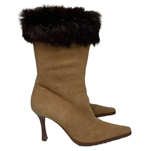 Genuine Fur Cuffed Heeled Boots Tan Beige Suede Leather Brown Fur Trim Size 7
