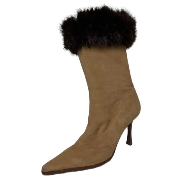 Genuine Fur Cuffed Heeled Boots Tan Beige Suede Leather Brown Fur Trim Size 7