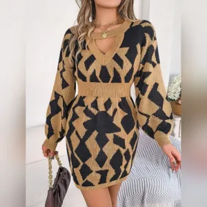 Geometric Contrasting Knit Cut-out Round Neck Long Sleeve Mini Sweater Dress