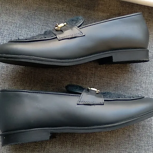 Geppetto's charcoal grey loafers with hunter green fur eu size 32