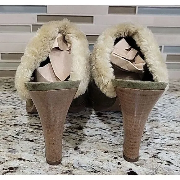 Gianni‎ Bini womens green suede Faux Fur Slip on Heels shoes Size 8M