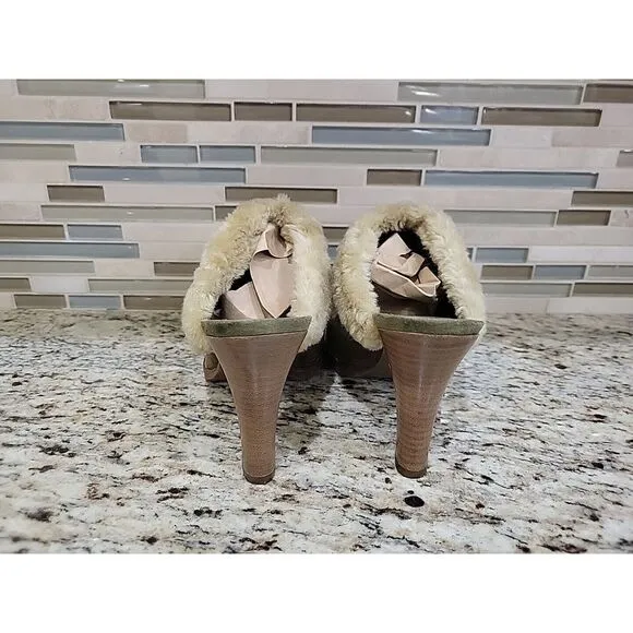 Gianni‎ Bini womens green suede Faux Fur Slip on Heels shoes Size 8M