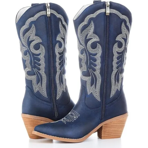 Gioanroca  Cowboy Boots Women Blue Rubber Fashion Retro Western Pointed Toe Boot