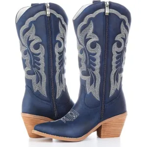 Gioanroca  Cowboy Boots Women Blue Rubber Fashion Retro Western Pointed Toe Boot