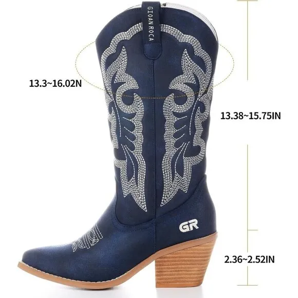 Gioanroca  Cowboy Boots Women Blue Rubber Fashion Retro Western Pointed Toe Boot