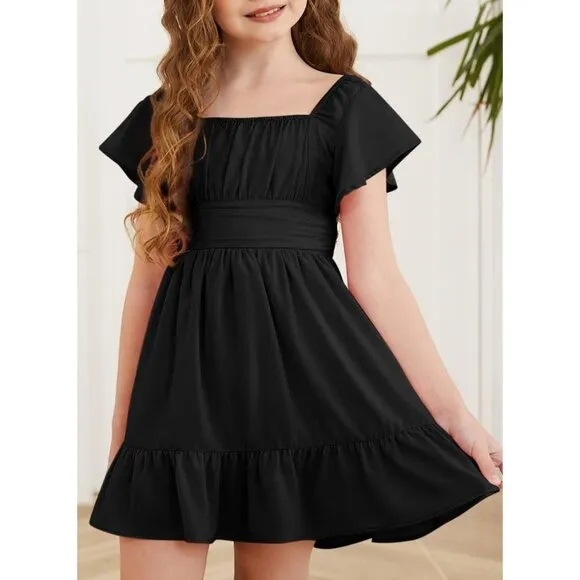 Girls Elegant Ruffle Short Sleeve Back Tie Dresses 6-13 Years Old
