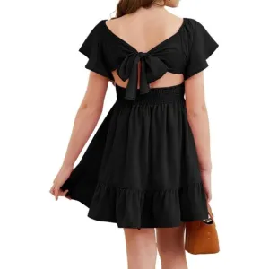 Girls Elegant Ruffle Short Sleeve Back Tie Dresses 6-13 Years Old