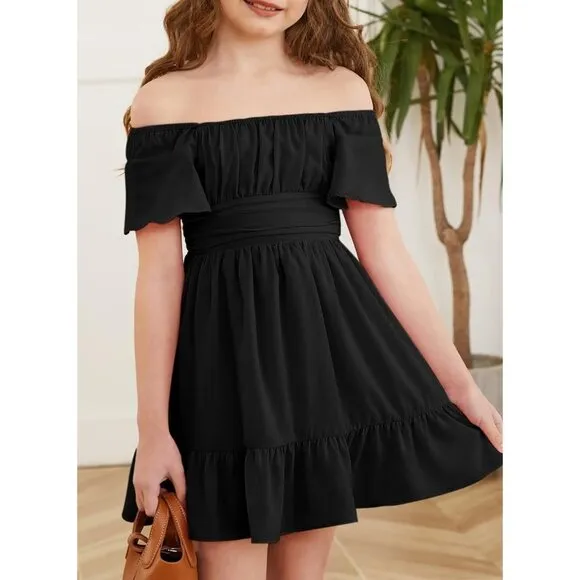 Girls Elegant Ruffle Short Sleeve Back Tie Dresses 6-13 Years Old