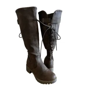 GLOBALWIN Women's Lace Up Brown Leather Knee High Fashion Boots Size 7