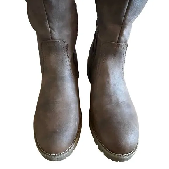 GLOBALWIN Women's Lace Up Brown Leather Knee High Fashion Boots Size 7