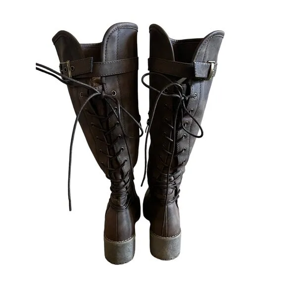 GLOBALWIN Women's Lace Up Brown Leather Knee High Fashion Boots Size 7