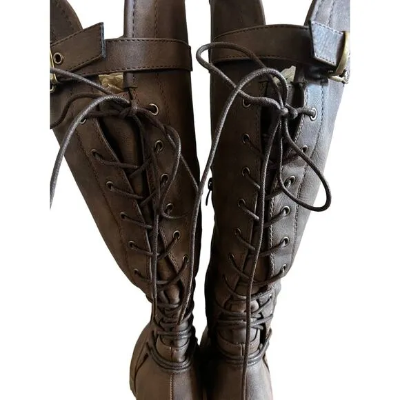 GLOBALWIN Women's Lace Up Brown Leather Knee High Fashion Boots Size 7