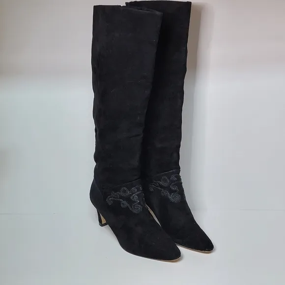 Gloria Vanderbilt Suede Knee High Embroidered Heeled Boots 7.5