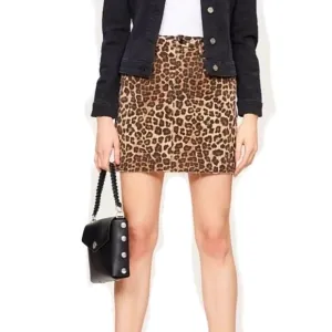 Good American Leopard Print Raw Edge Denim Mini Skirt Size 4 -27W