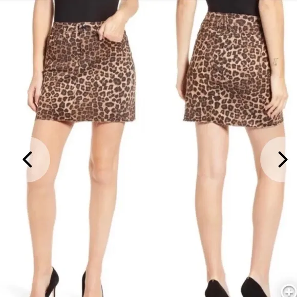 Good American Leopard Print Raw Edge Denim Mini Skirt Size 4 -27W