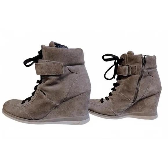 Gray Prada Suede Milano Sport Wedge High Top Sneaker
