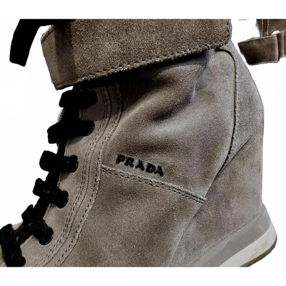 Gray Prada Suede Milano Sport Wedge High Top Sneaker