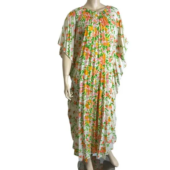 Greencastle Kaftan Dress Vintage Pleated Bold Floral Print Maxi Pullover Bright