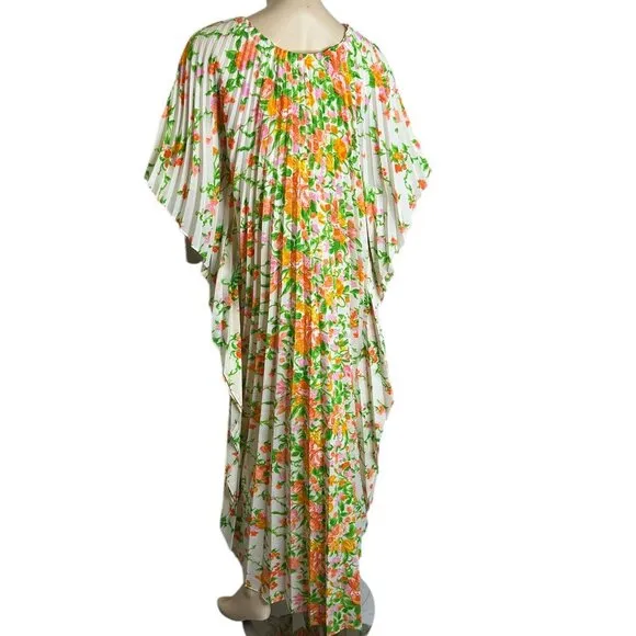 Greencastle Kaftan Dress Vintage Pleated Bold Floral Print Maxi Pullover Bright