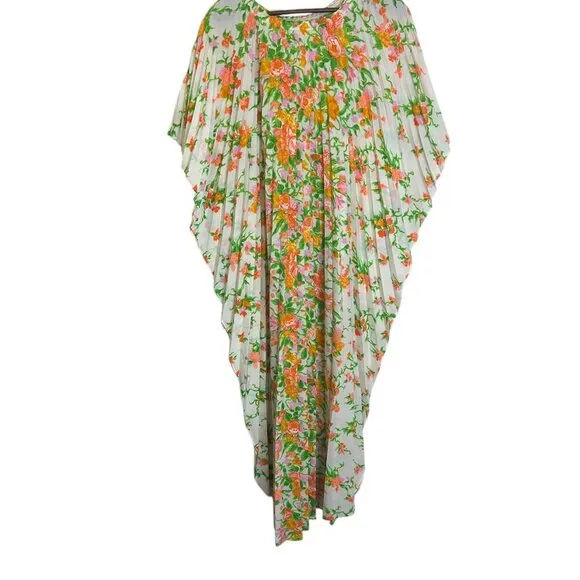 Greencastle Kaftan Dress Vintage Pleated Bold Floral Print Maxi Pullover Bright