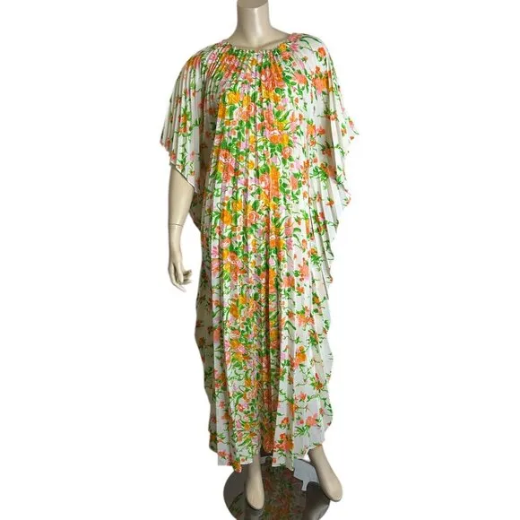 Greencastle Kaftan Dress Vintage Pleated Bold Floral Print Maxi Pullover Bright