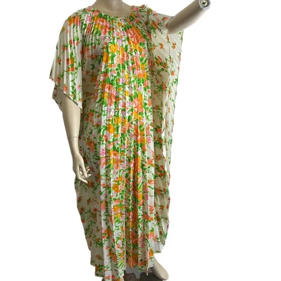 Greencastle Kaftan Dress Vintage Pleated Bold Floral Print Maxi Pullover Bright