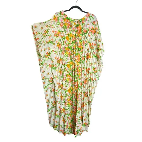Greencastle Kaftan Dress Vintage Pleated Bold Floral Print Maxi Pullover Bright