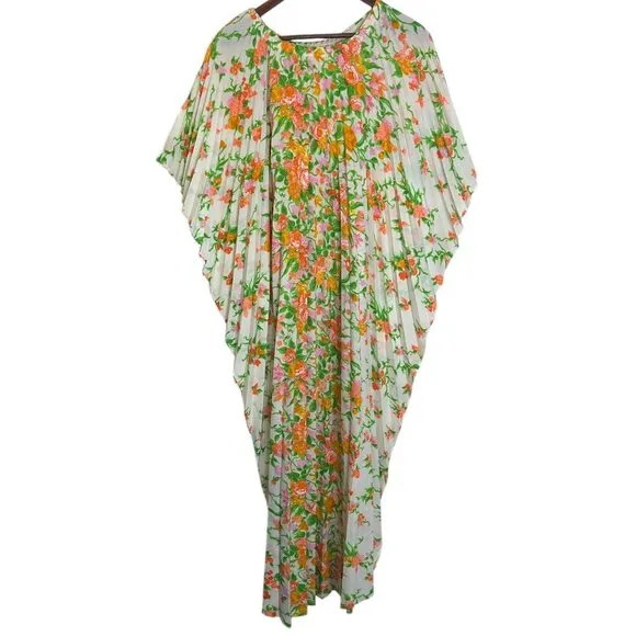 Greencastle Kaftan Dress Vintage Pleated Bold Floral Print Maxi Pullover Bright