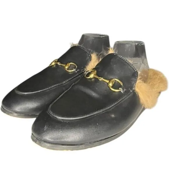 Gucci Jordaan Princetown Fur Round Toe Leather Mule Shoes Size 43 Black