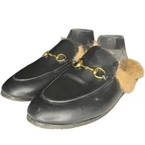 Gucci Jordaan Princetown Fur Round Toe Leather Mule Shoes Size 43 Black