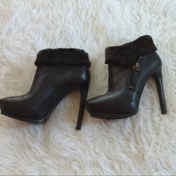 Guess Genuine Leather Black Fur Trim Platform Lug Heel Booties